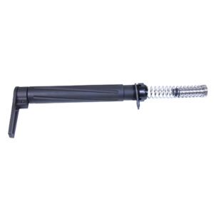 Black telescopic police baton extended with handguard for law enforcement use.