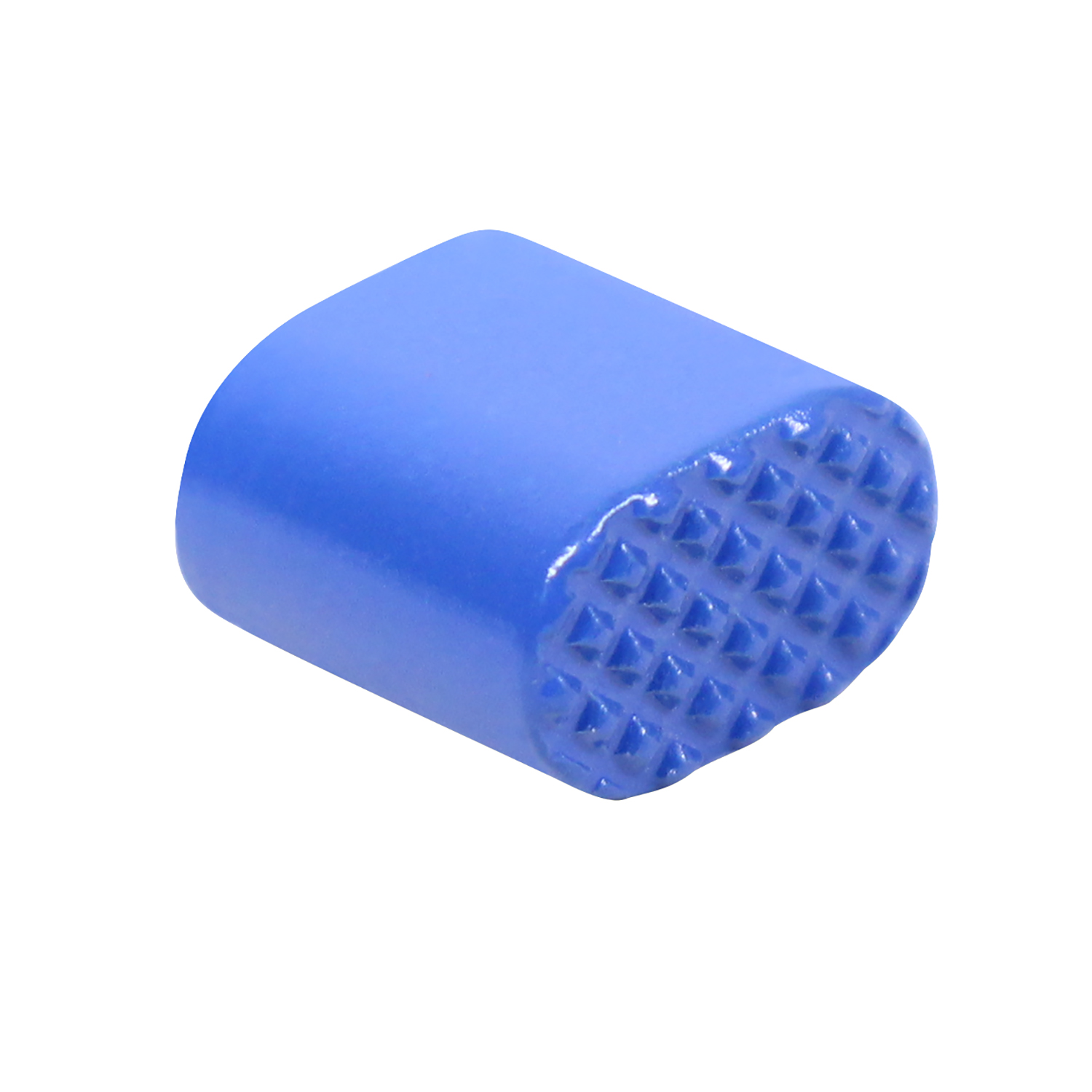 A cornflower blue rubber cap for buttons with a diamond grid texture
