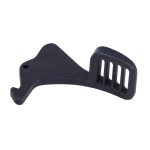 Black metal latch component with ergonomic slits for machinery use.