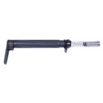 Adjustable black polymer rifle stock with buffer spring for tactical use.