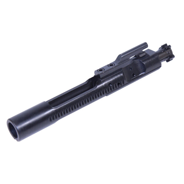 AR-15 black bolt carrier group with detailed machining and functionality features.