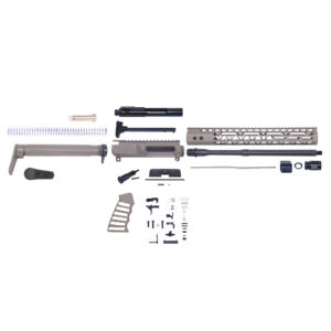 AR-15 firearm assembly kit components arranged on a plain background.