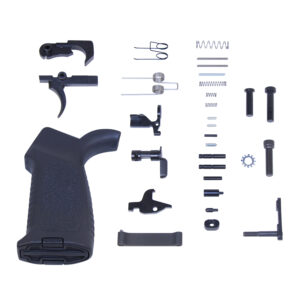 AR-15 lower receiver kit components neatly displayed on white background.