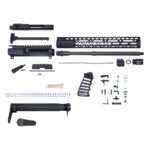 AR-15 rifle assembly kit components on light background.