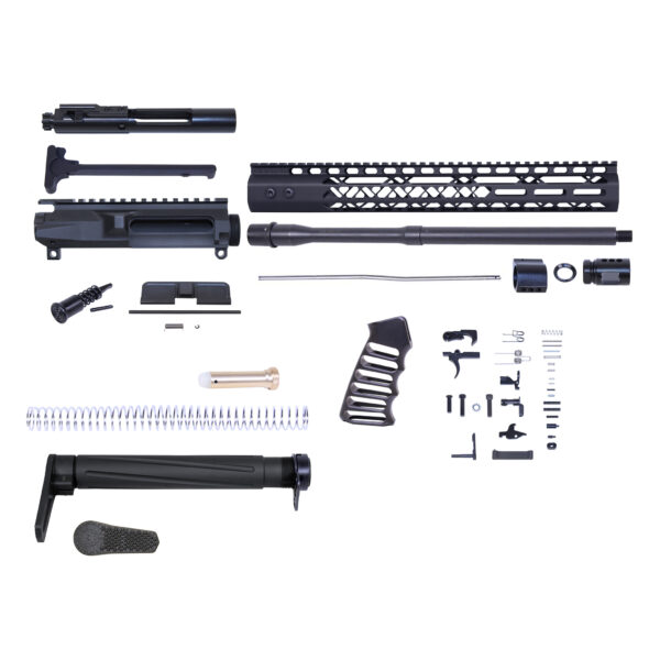 AR-15 rifle assembly kit components on light background.