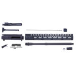 AR-15 upper receiver kit parts, including barrel, bolt carrier, and handguard.
