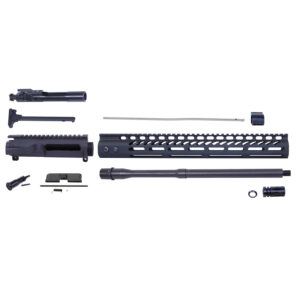 AR-15 upper receiver kit parts, including barrel, bolt carrier, and handguard.