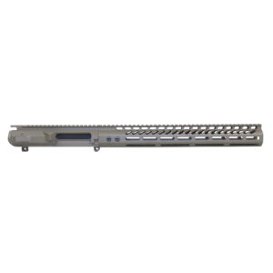 AR-15 style upper receiver with Picatinny rail and M-LOK handguard in flat dark earth.