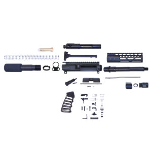 AR-style rifle assembly kit parts layout on white background.