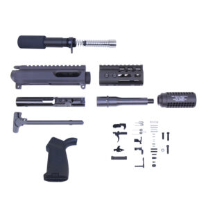 AR-style rifle disassembly kit with buffer tube and upper receiver components on display.