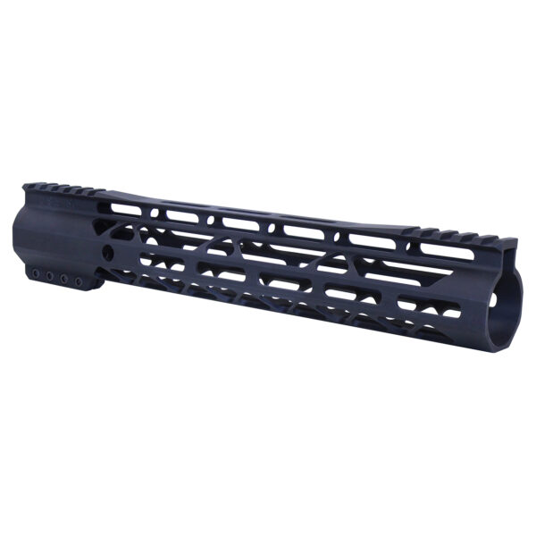 Modern AR-style rifle handguard with M-LOK slots and Picatinny rail, matte black finish.