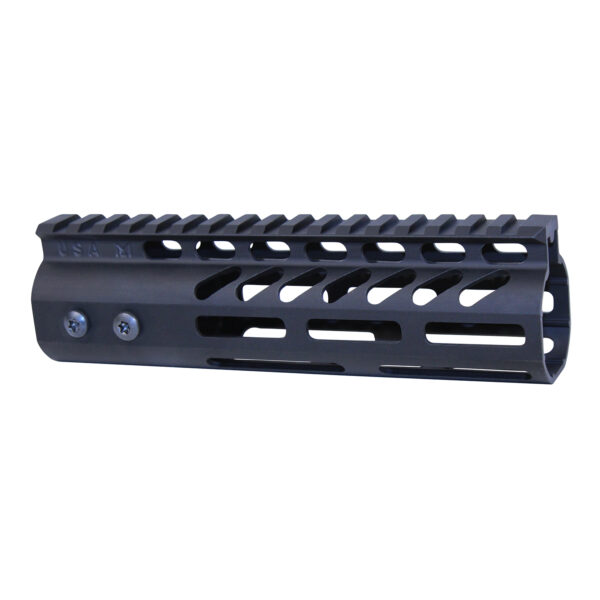 Black aluminum AR-15 handguard with Picatinny rail and ventilation cutouts.