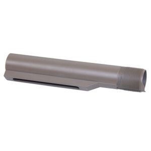 AR-15 buffer tube with matte finish and external threads for firearm assembly.