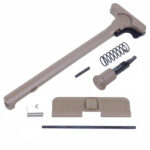 AR-15 rifle parts, FDE charging handle, dust cover, and small components on white background.