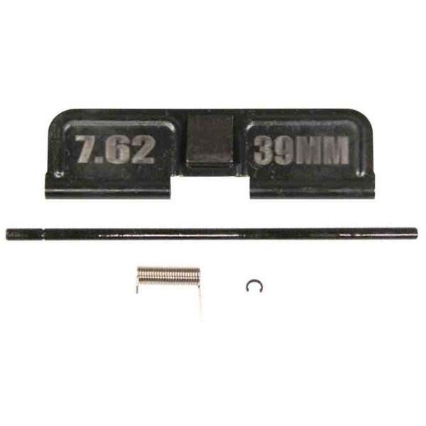 AR-15 7.62x39mm ejection port cover assembly with hinge pin and spring.