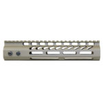 AR-15 free-floating FDE handguard with Picatinny rail and M-LOK slots.