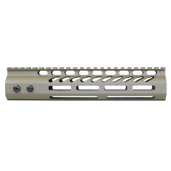 AR-15 free-floating FDE handguard with Picatinny rail and M-LOK slots.