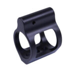 AR-15 low profile gas block, lightweight black metal, sleek design, aftermarket rifle component.