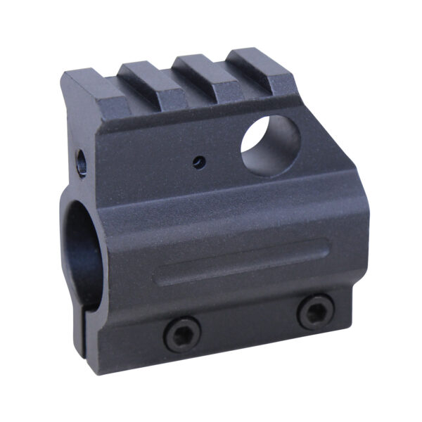 AR-15 gas block with Picatinny rail slots for tactical accessory mounting.