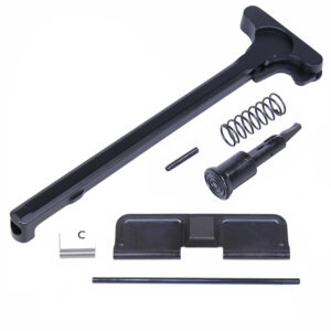 AR-15 components: charging handle, buffer spring, ejection port cover.