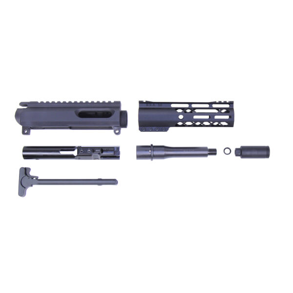 AR-15 rifle parts, disassembled components, includes upper receiver, handguard, bolt carrier, barrel, charging handle.