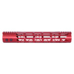 Candy apple red AR-15 handguard with geometric cutouts and multiple accessory attachment points.