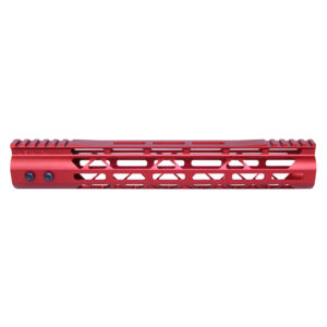 Candy apple red AR-15 handguard with geometric cutouts and multiple accessory attachment points.