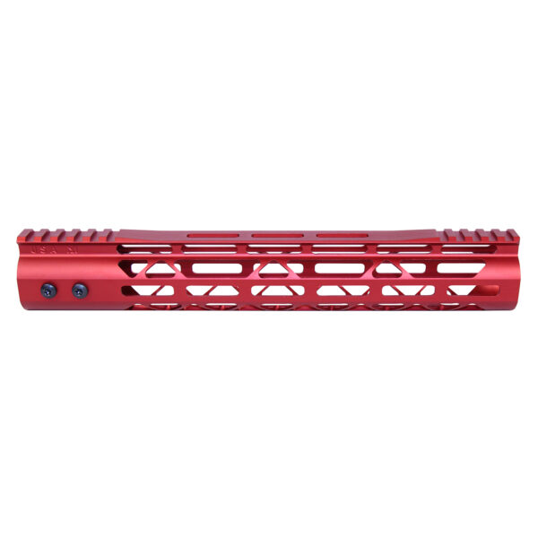 Candy apple red AR-15 handguard with geometric cutouts and multiple accessory attachment points.