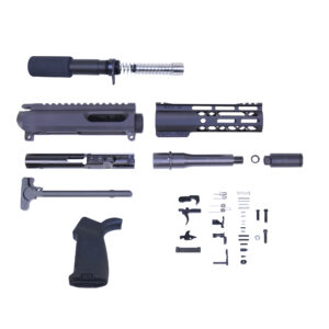 Disassembled AR-15 rifle parts including barrel, receiver, handguard, bolt carrier group, and accessories.