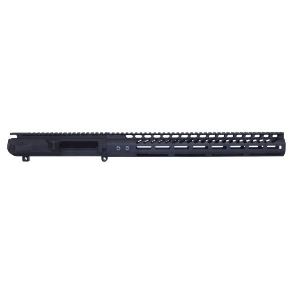 AR-15 upper receiver with black anodized finish, extended handguard, and rail system for accessories.