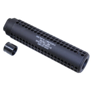 Tactical matte black firearm suppressor with perforated design for noise reduction effectiveness.