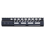 Black skeletal rifle handguard with Picatinny rail for tactical customization.