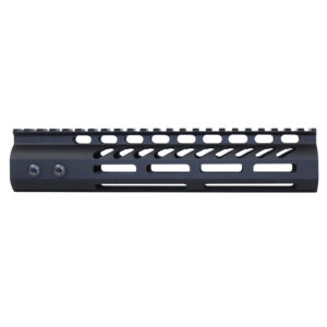 Black skeletal rifle handguard with Picatinny rail for tactical customization.