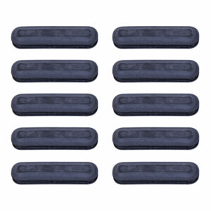 Photo of ten black rubber pads in grid formation on a light background.