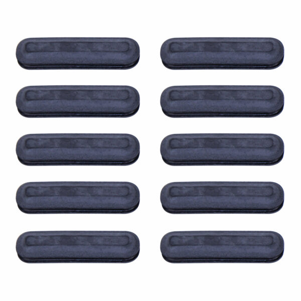 Photo of ten black rubber pads in grid formation on a light background.