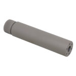 Modern suppressor for firearms, sleek gray, threaded attachment, venting holes.