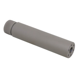 Modern suppressor for firearms, sleek gray, threaded attachment, venting holes.