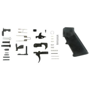 Disassembled 308 rifle lower receiver parts kit on white background.