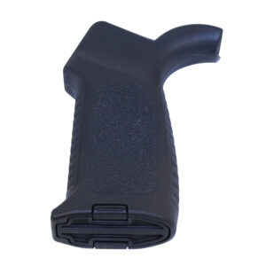 Ergonomic black vertical grip for firearms with textured surface and storage compartment.