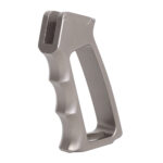 Ergonomic metallic handle with finger grooves and attachment slot for industrial use.