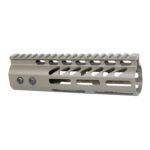 Matte tan rifle handguard with Picatinny rail and ventilation cutouts for tactical accessories.