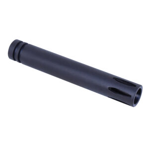 Firearm suppressor muzzle device, black, cylindrical, threaded, grooves, tactical accessory.