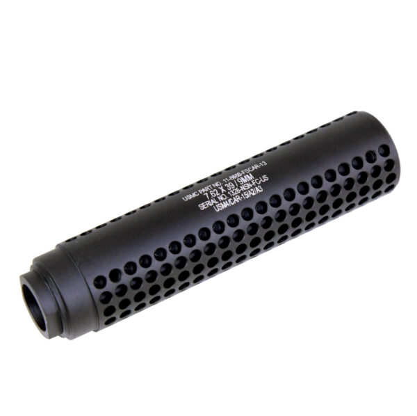 Black firearm suppressor with circular perforations and matte finish.