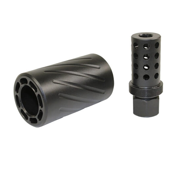 Cylindrical firearm muzzle devices with unique designs for recoil control and performance enhancement.