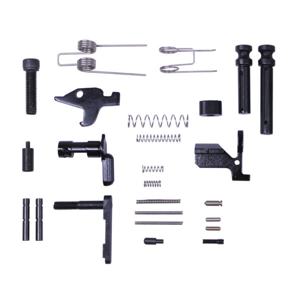 Mechanical parts layout: springs, pins, levers, structural components for assembly.