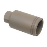 Tan cylindrical reducer fitting for plumbing or construction applications.