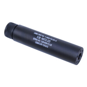 Suppressor for 5.56 NATO rifles with matte black finish and serial details.