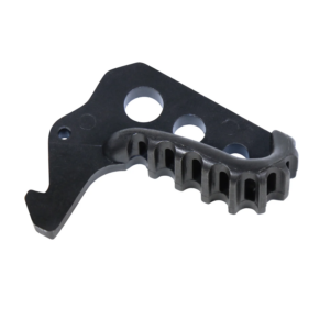 Precision-engineered metal component with circular holes and toothed edge for mechanical use.