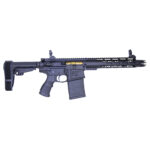 Modern tactical rifle with adjustable stock and rail system for accessory attachments.
