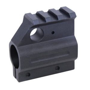 Compact firearm accessory with Picatinny rail and precision-machined circular opening.